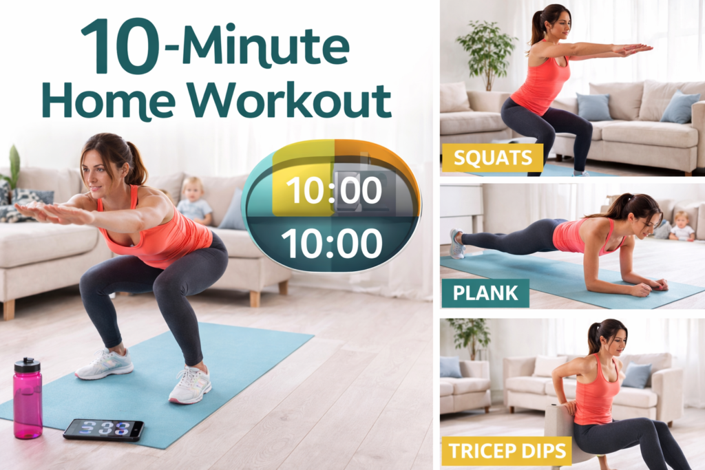 Busy mom doing a 10-minute home workout at home with no equipment