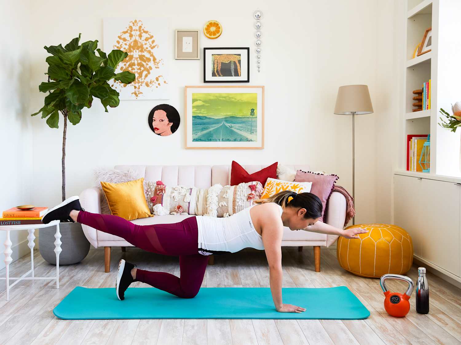 “Cozy at-home workout space with yoga mat and natural light for busy moms”