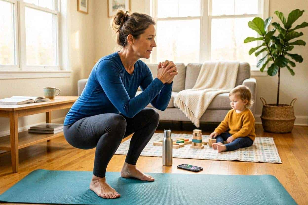 Busy mom doing a simple home workout in her living room while balancing family life, showing a realistic and healthy approach to fitness for mothers with busy schedules.