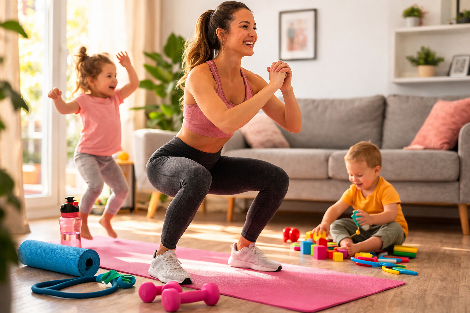 home workout for moms exercising in living room