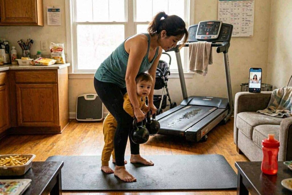 Busy mom exercising at home with a simple workout routine, showing a realistic approach to fitness, health, and self-care for mothers with busy schedules.