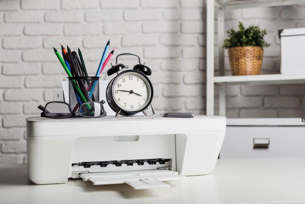 Printer printing a printable grocery list PDF for family shopping.
