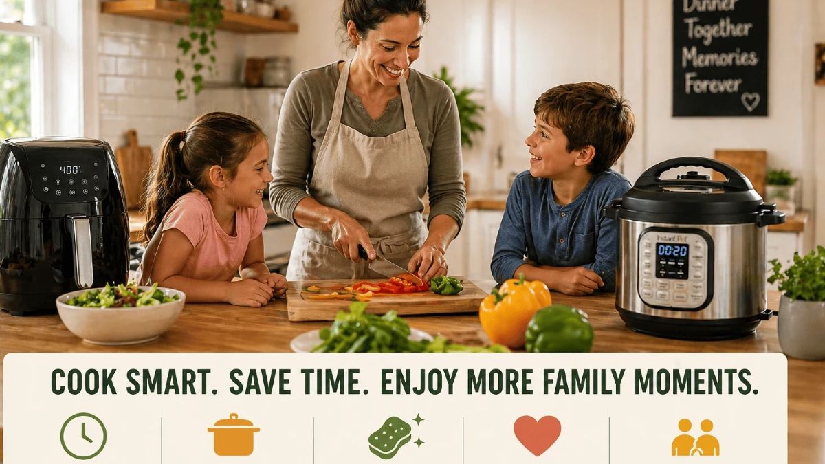Busy family using time-saving kitchen gadgets to prepare meals together in a modern kitchen
