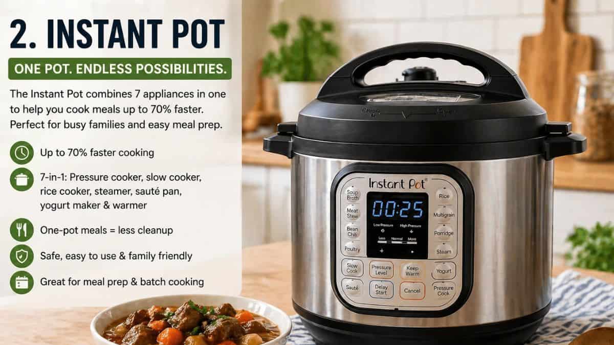 Instant Pot for busy weeknight dinners displayed on a kitchen counter for quick family meals