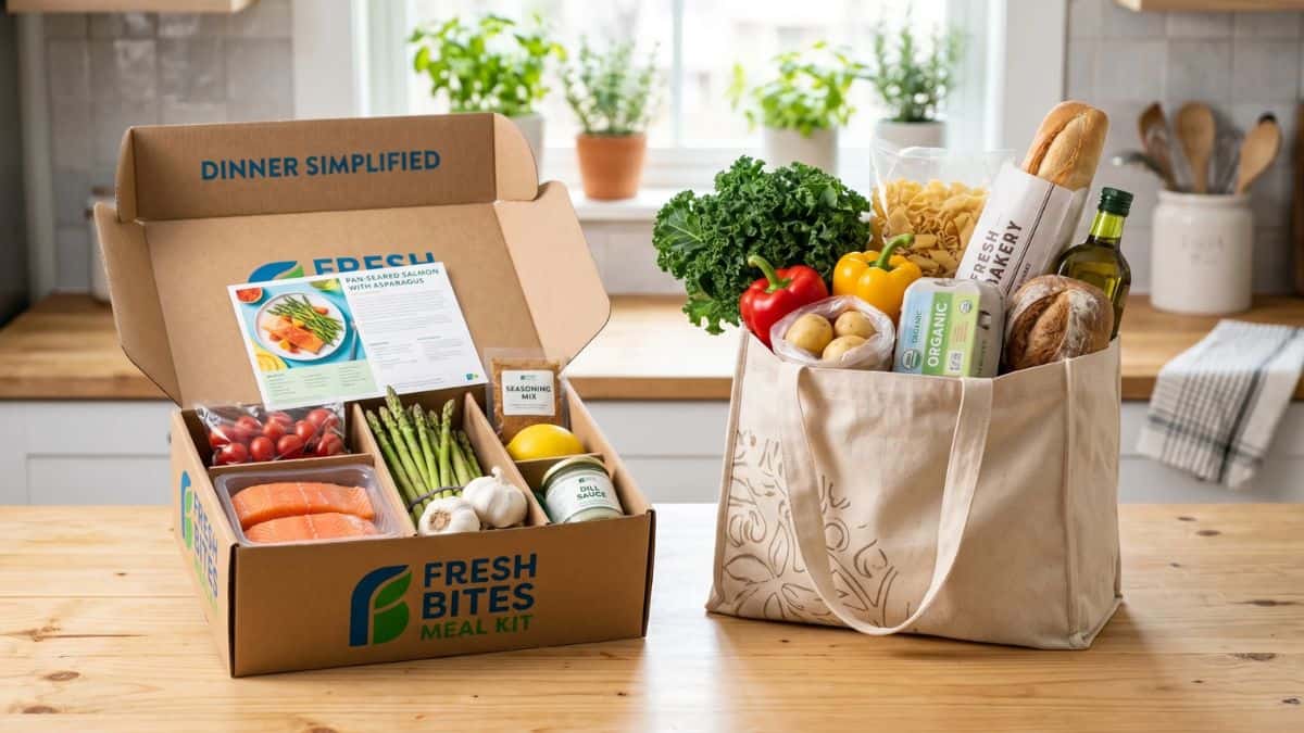 Meal kits and grocery bags on a kitchen counter showing a cost comparison for families in 2026