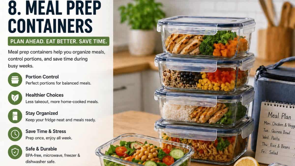 Meal prep containers with healthy organized meals for busy families on a kitchen counter