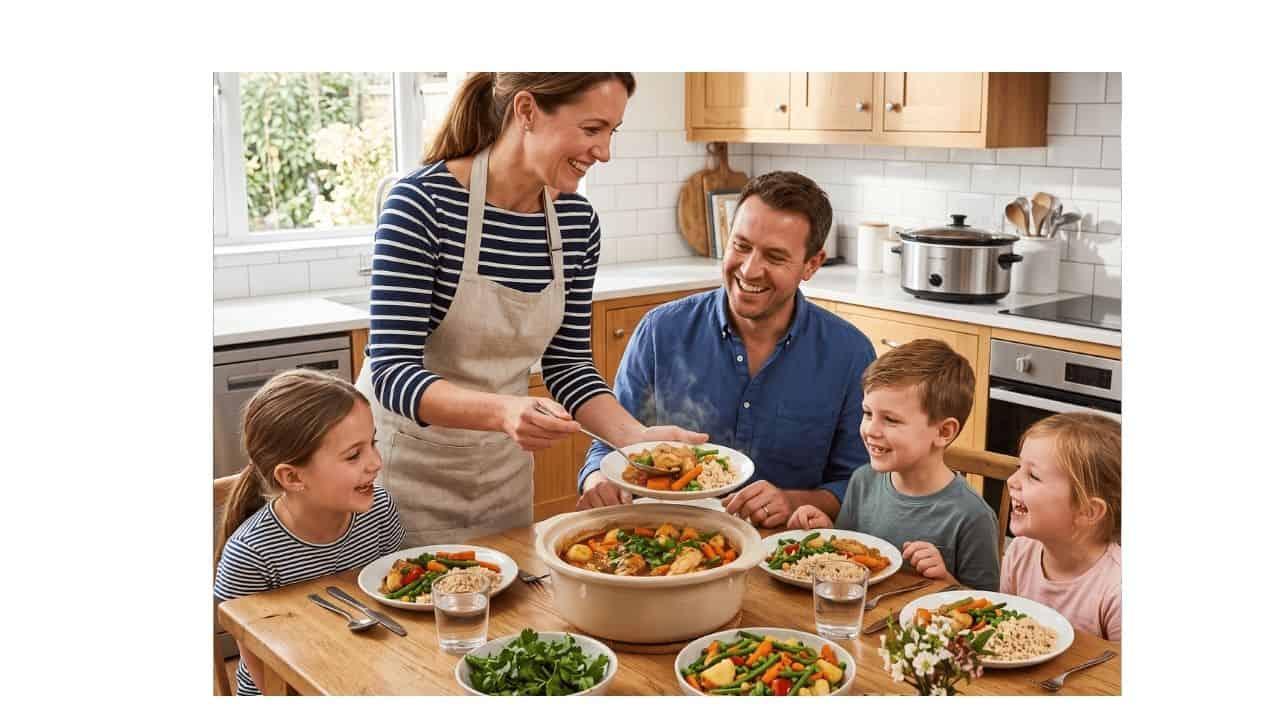 A bright, modern kitchen with a smiling busy mom serving a healthy slow cooker dinner to her family around the table. The meal includes tender chicken, colorful vegetables, brown rice, and fresh herbs. Warm natural lighting, cozy family atmosphere, realistic food photography, clean kitchen, vibrant colors, no text, horizontal 16:9 composition, perfect for a Facebook blog post about healthy slow cooker recipes for busy moms.